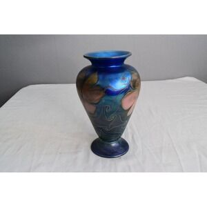 Vandermark Art Glass Vase 1982 Blue Iridescent Floral Pulled Feather 9in